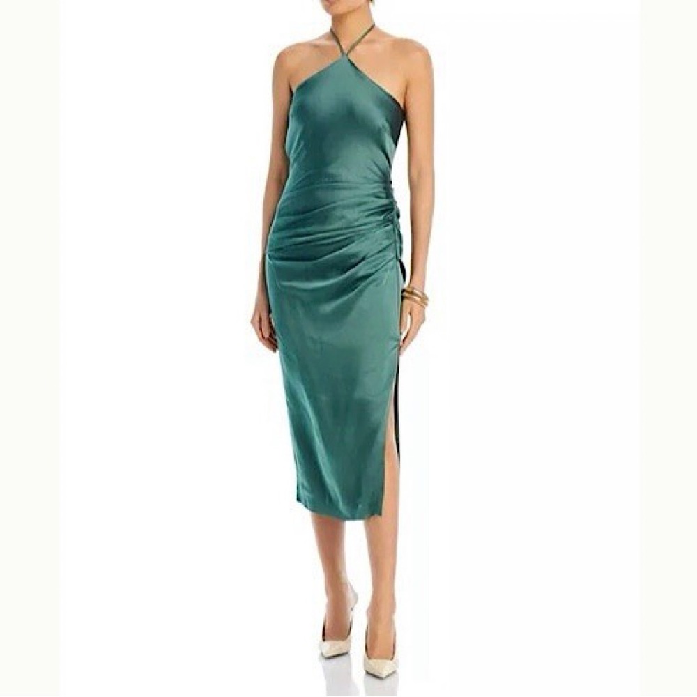 Simkhai Hansel draped satin-crepe halterneck‎ midi dress grey green 8